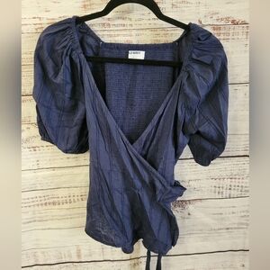 Old Navy S Navy Blue Puff Sleve Wrap Top